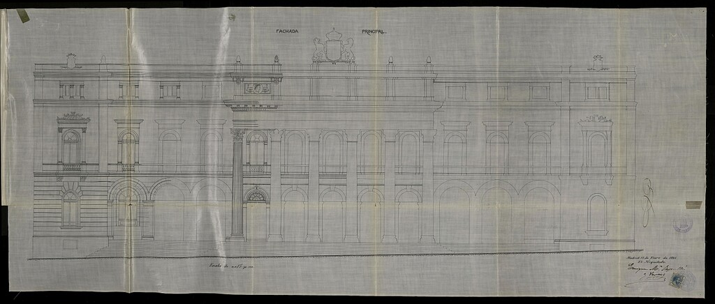 Miniatura de Expediente para licencia de construcción de La Bolsa de Madrid, en la Plaza de la Lealtad, con fachadas a las calles Lealtad (actual Antonio Maura), Alarcon, Juan de Mena y Paseo del Prado