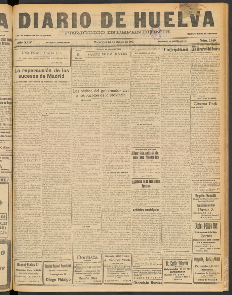 Miniatura de Diario de Huelva : periódico independiente del 13 de mayo de 1931