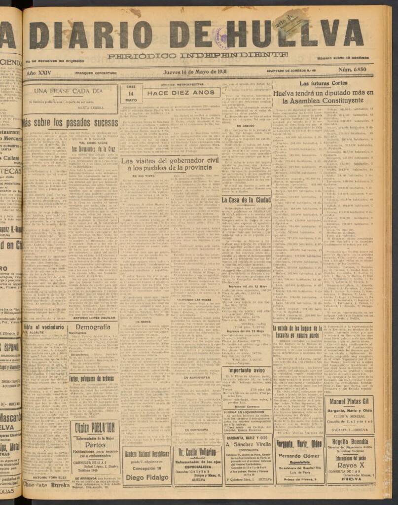Miniatura de Diario de Huelva : periódico independiente del 14 de mayo de 1931