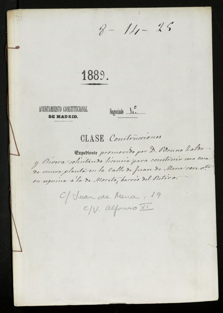 Miniatura de Expediente solicitud para construir una casa de nueva planta en calla Juan de Mena (19) esquina Moreto