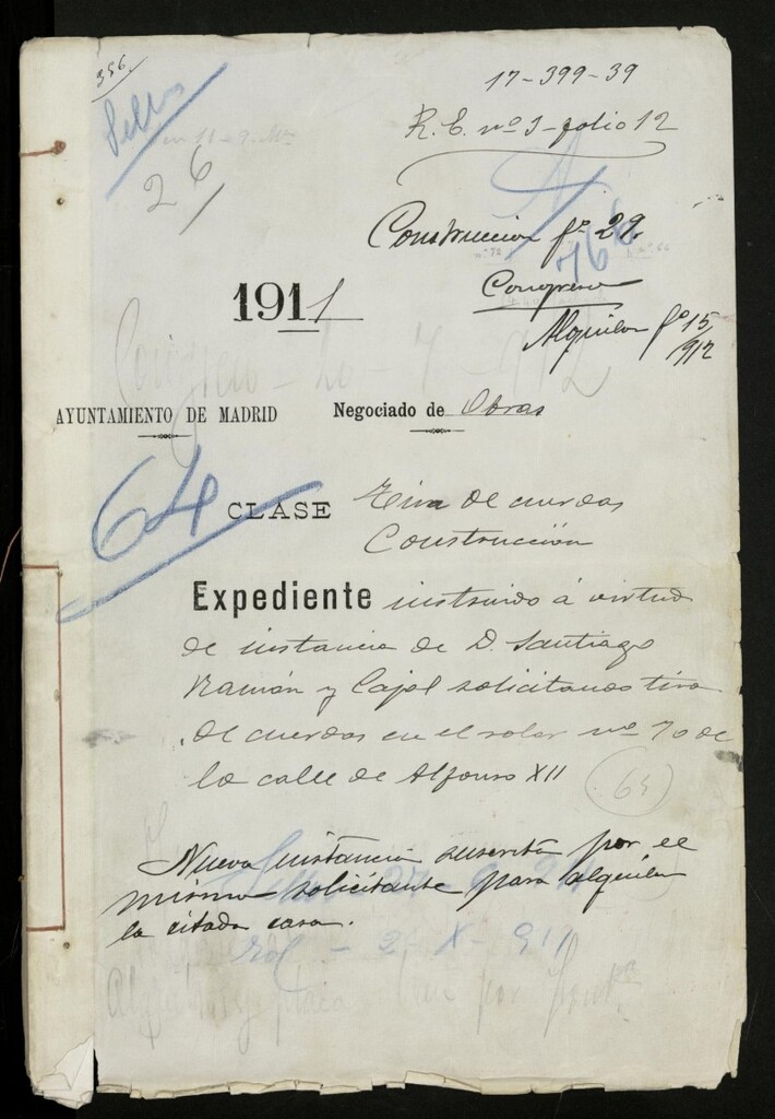 Miniatura de Expediente solicitud tira de cuerdas en solar nº 70 (actual 64), de la calle Alfonso XII y posterior petición de licencia para alquilar