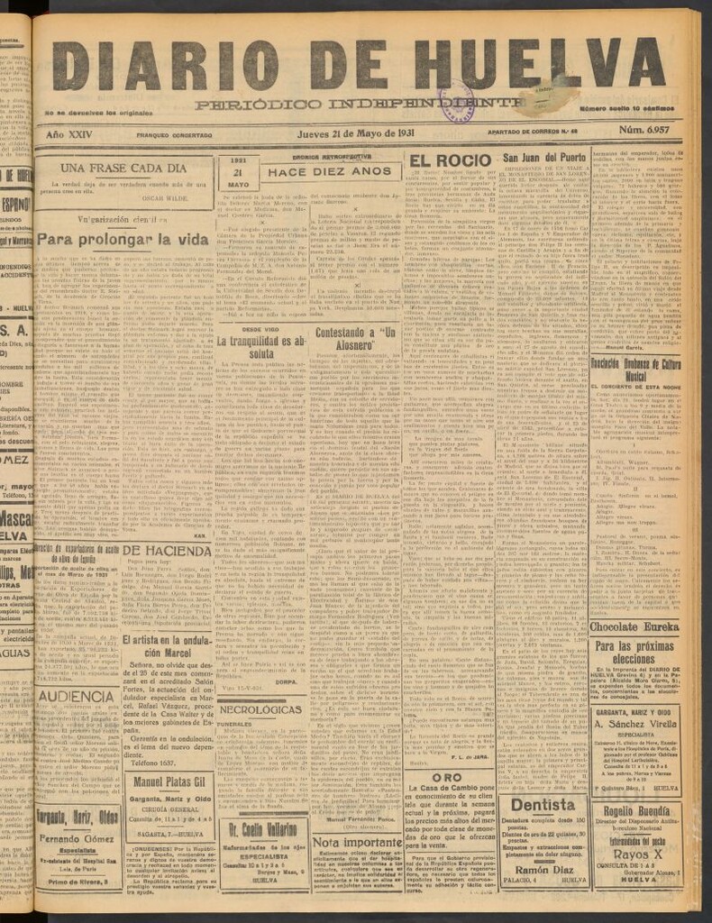 Miniatura de Diario de Huelva : periódico independiente del 21 de mayo de 1931