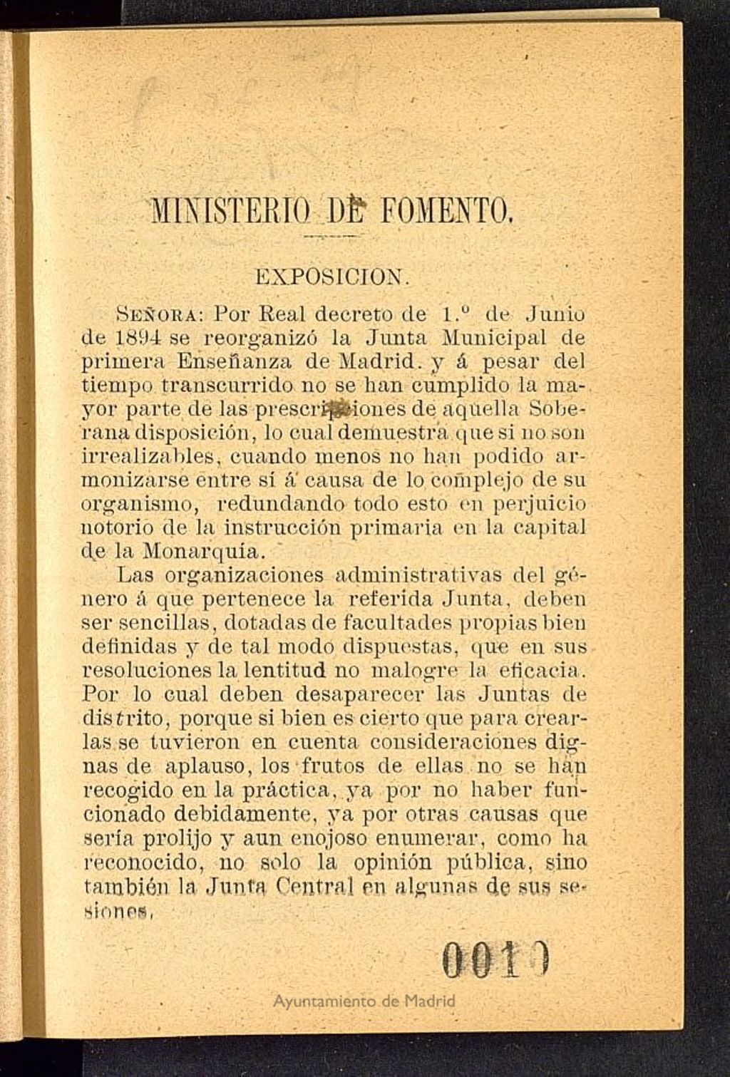 Miniatura de Ministerio de Fomento...Señora: por decreto de 1º de junio de 1894 se reorganizó la Junta Municipal de Primera Enseñanza de Madrid y á pesar del tiempo transcurrido no se han cumplido la mayor parte de las prescripciones...