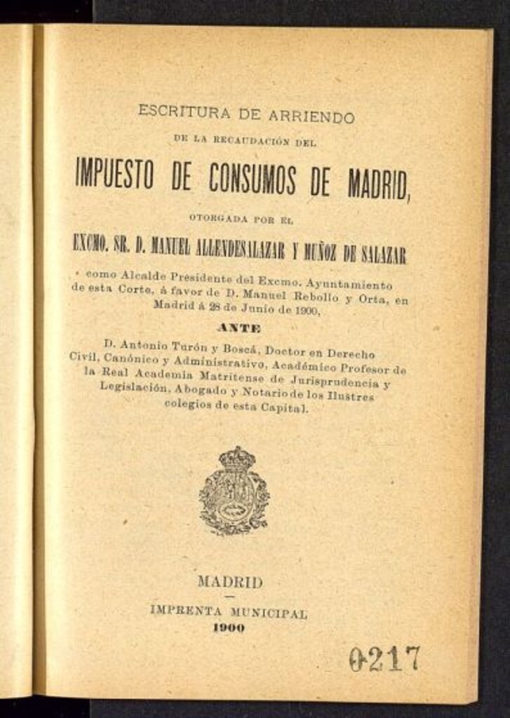 Miniatura de Escritura de arriendo de la recaudación del impuesto de consumos de Madrid