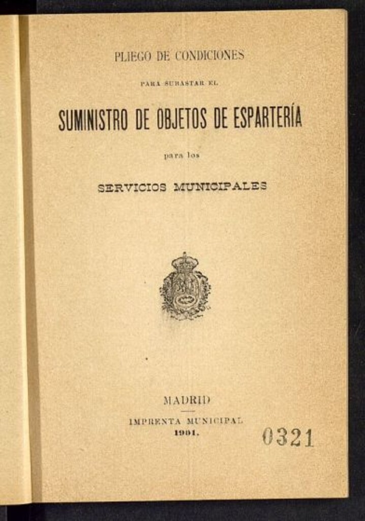 Miniatura de Pliego de condiciones para subastar el suministro de objetos de espartería para los servicios municipales