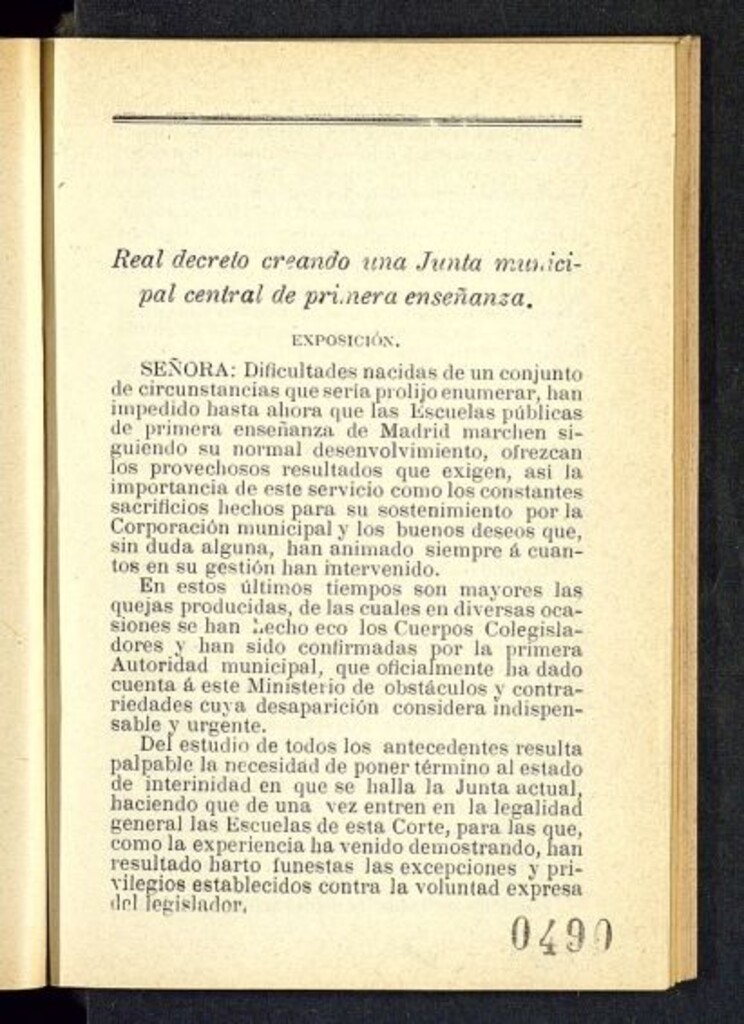 Miniatura de Real decreto creando una junta municipal central de primera enseñanza
