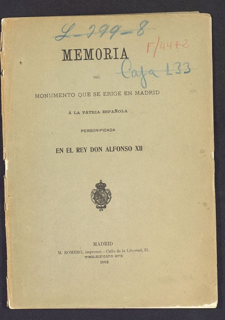 Miniatura de Memoria del monumento que se erige en Madrid a la patria española personificada en el rey don Alfonso XII