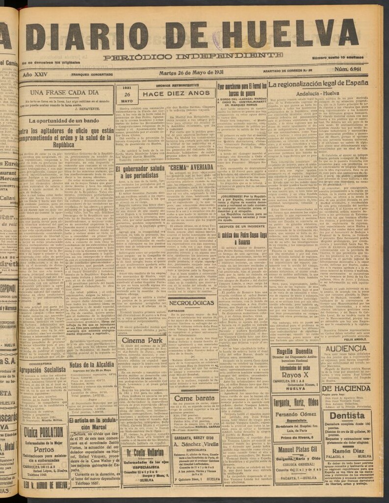 Miniatura de Diario de Huelva : periódico independiente del 26 de mayo de 1931