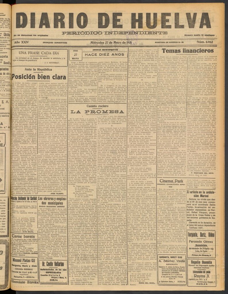 Miniatura de Diario de Huelva : periódico independiente del 27 de mayo de 1931