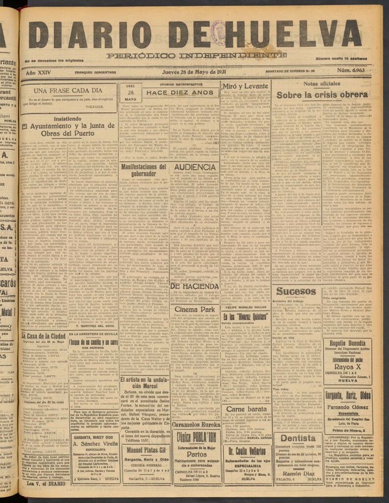 Miniatura de Diario de Huelva : periódico independiente del 28 de mayo de 1931