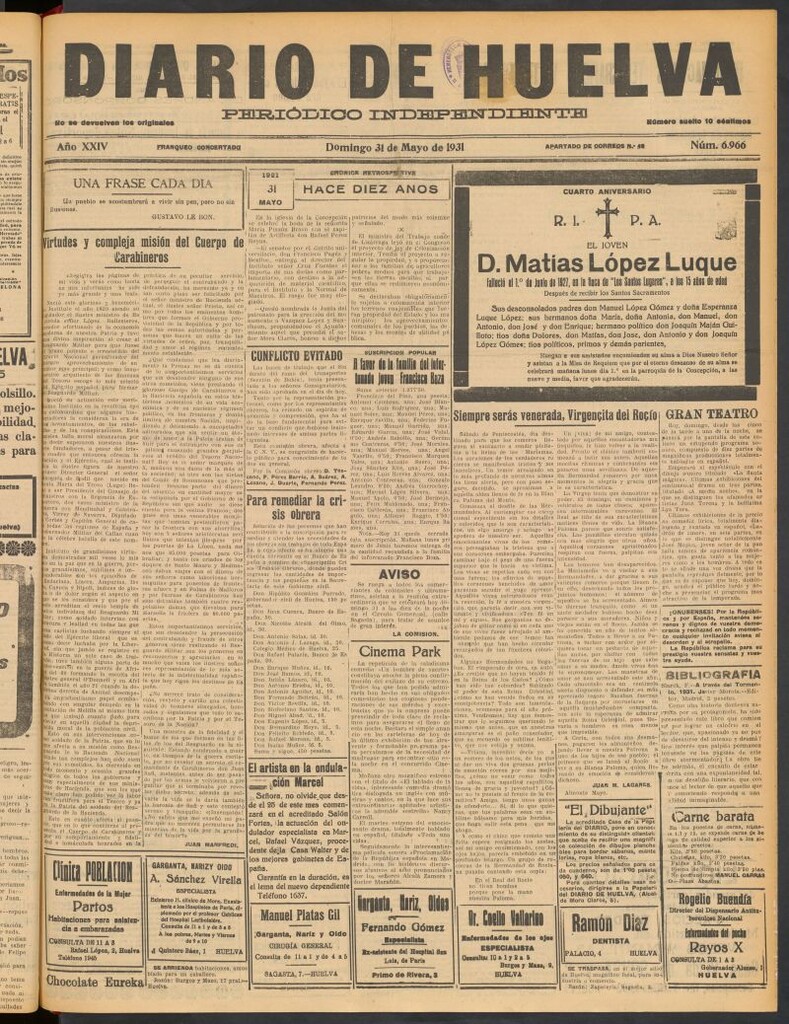 Miniatura de Diario de Huelva : periódico independiente del 31 de mayo de 1931