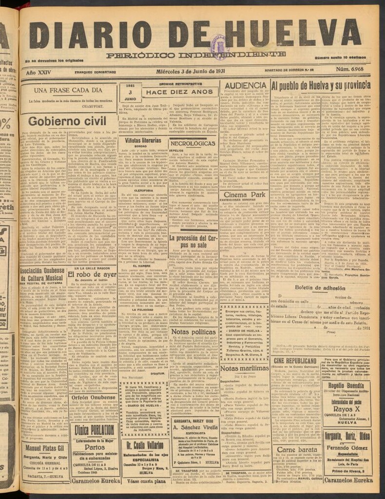 Miniatura de Diario de Huelva : periódico independiente del 3 de junio de 1931
