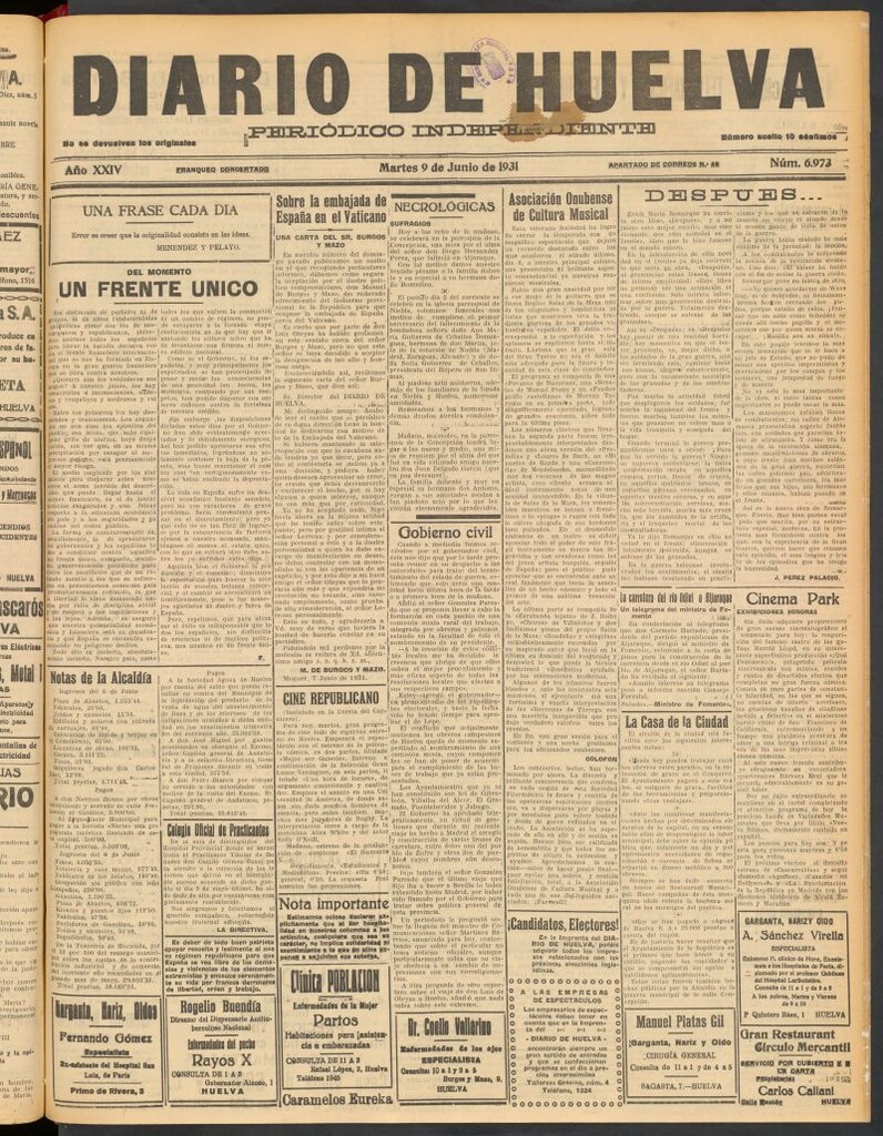Miniatura de Diario de Huelva : periódico independiente del 9 de junio de 1931