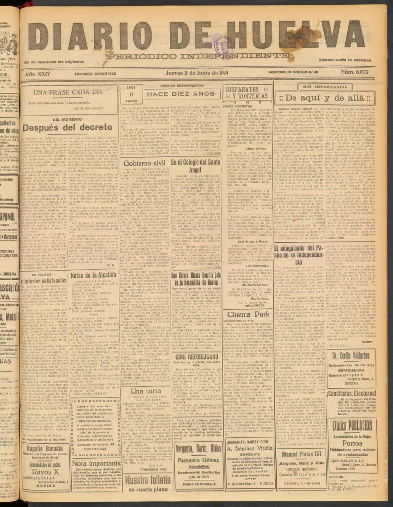 Miniatura de Diario de Huelva : periódico independiente del 11 de junio de 1931