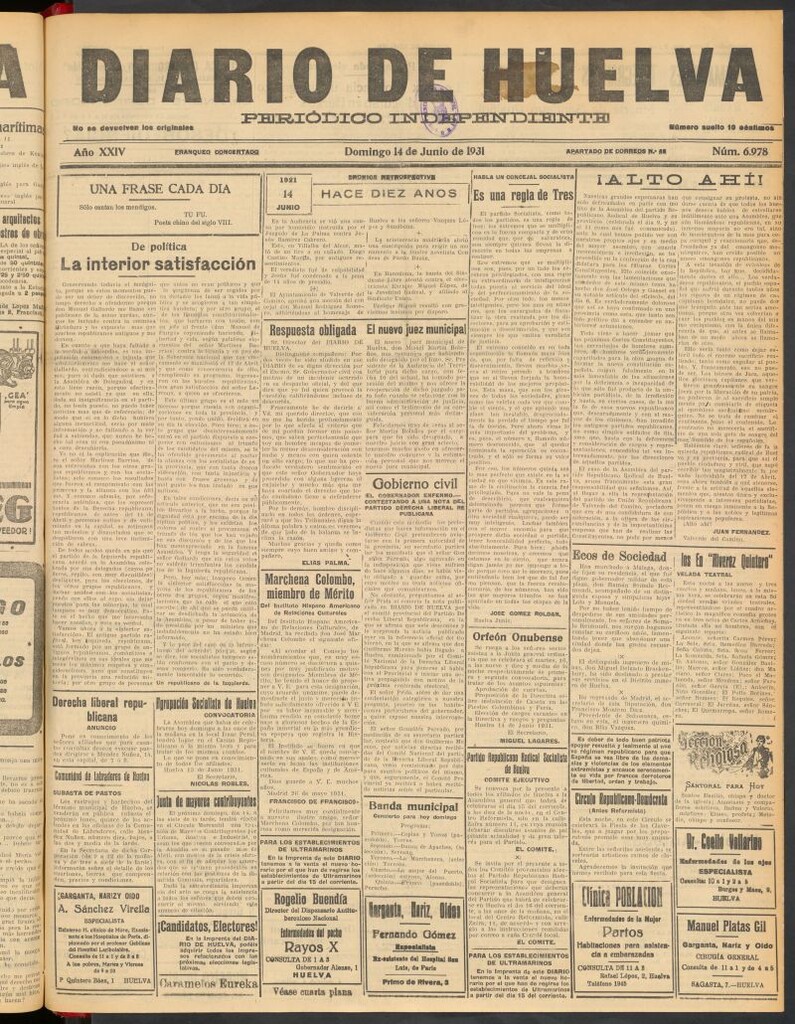 Miniatura de Diario de Huelva : periódico independiente del 14 de junio de 1931
