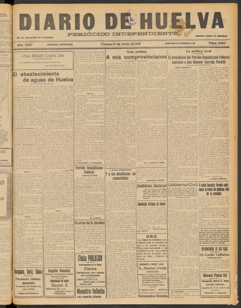 Miniatura de Diario de Huelva : periódico independiente del 19 de junio de 1931