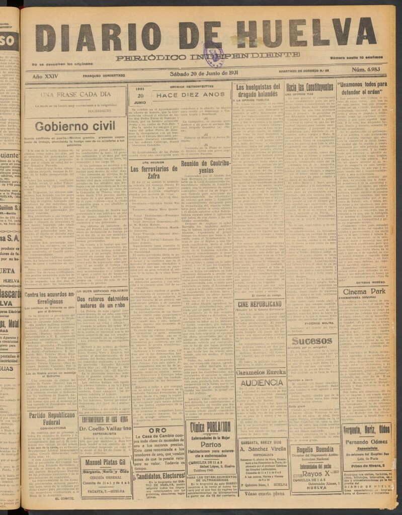 Miniatura de Diario de Huelva : periódico independiente del 20 de junio de 1931