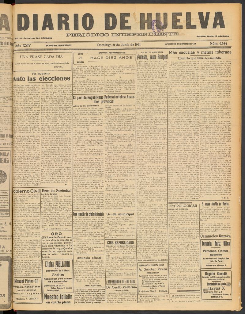 Miniatura de Diario de Huelva : periódico independiente del 21 de junio de 1931