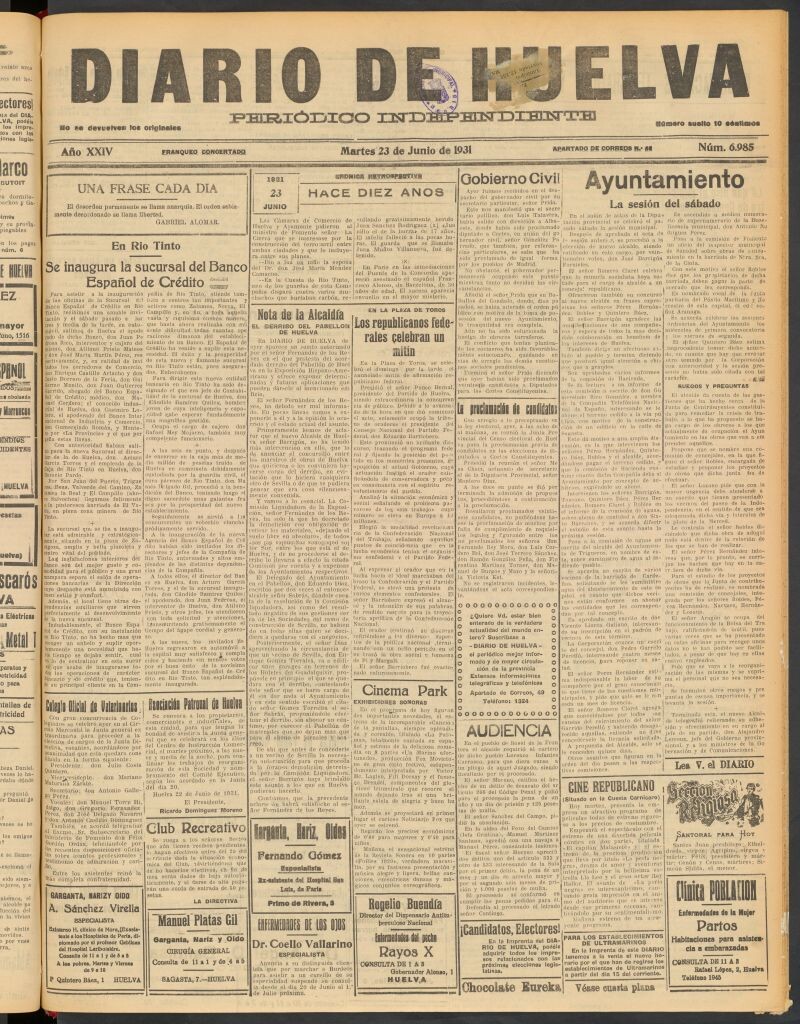 Miniatura de Diario de Huelva : periódico independiente del 23 de junio de 1931