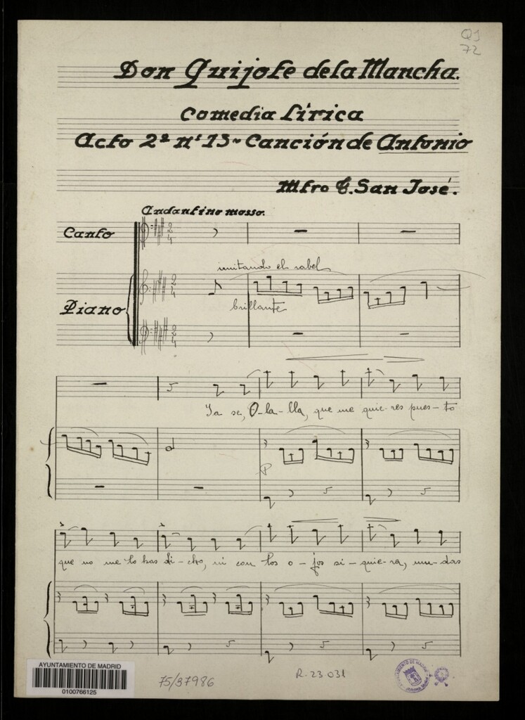 Miniatura de Don Quijote de la Mancha. Acto 2º, nº 13, Canción de Antonio : comedia lírica