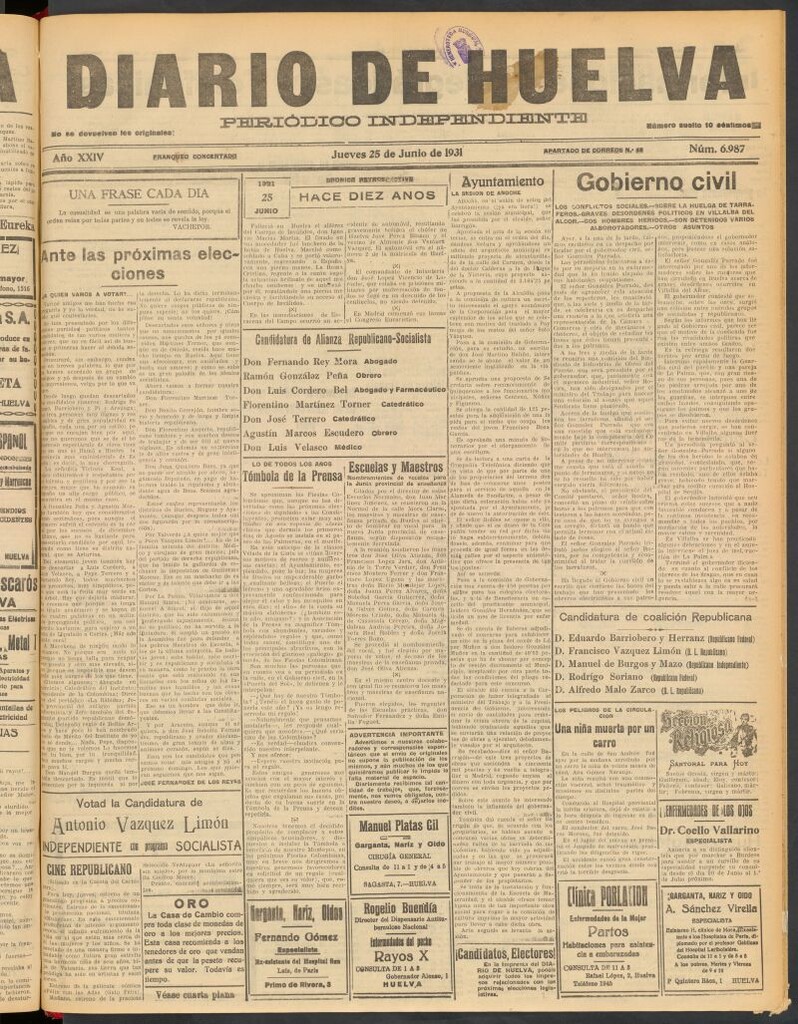 Miniatura de Diario de Huelva : periódico independiente del 25 de junio de 1931