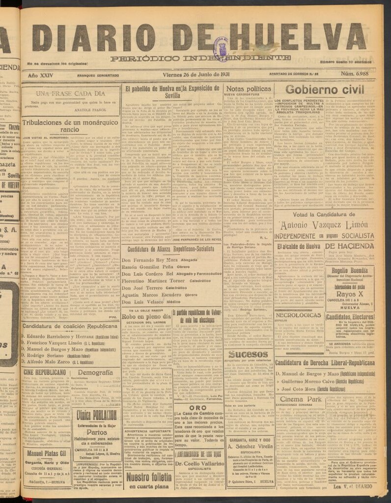 Miniatura de Diario de Huelva : periódico independiente del 26 de junio de 1931