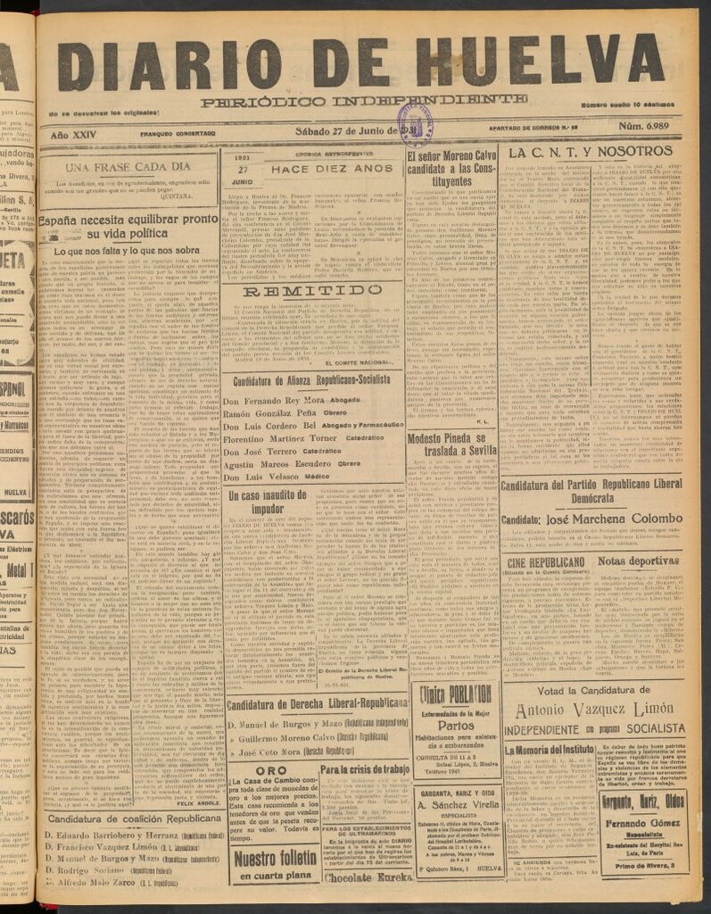 Miniatura de Diario de Huelva : periódico independiente del 27 de junio de 1931