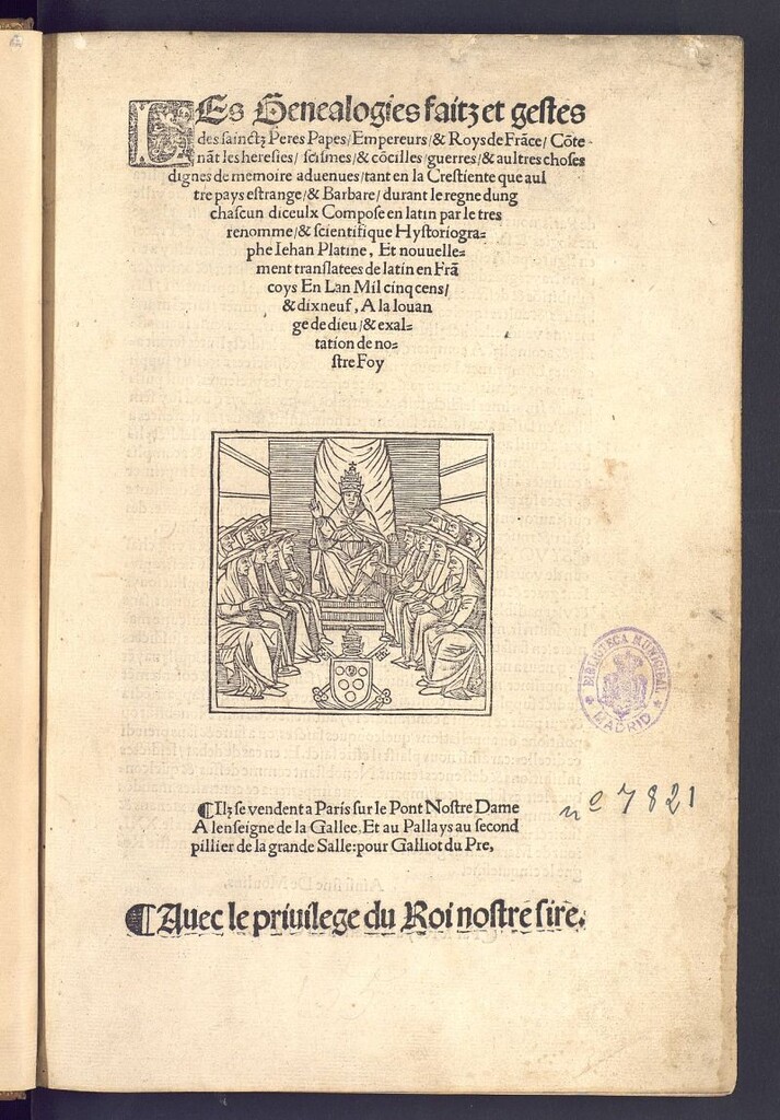 Miniatura de Les Genealogies fait[s] et gestes des sainct[s] Peres Papes Empereurs & Roys de Fra[n]ce : Co[n]tena[n]t les heresies, scismes & co[n]cilles, guerres & aultres choses dignes de memoire aduenues tant en la Crestiente que aultre pays estrange & Barbare durant le regne dung chascun diceulx