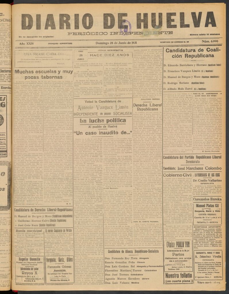 Miniatura de Diario de Huelva : periódico independiente del 28 de junio de 1931