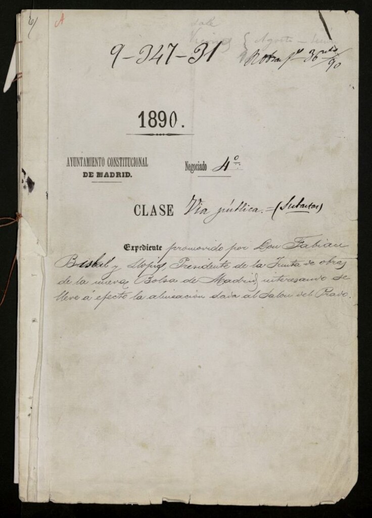Miniatura de Expediente promovido por Don Fabian Bisbal y Llopis, Presidente de la Junta de obras de la nueva Bolsa de Madrid, interesando se lleve a efecto la alineación dada al Salón del Prado.