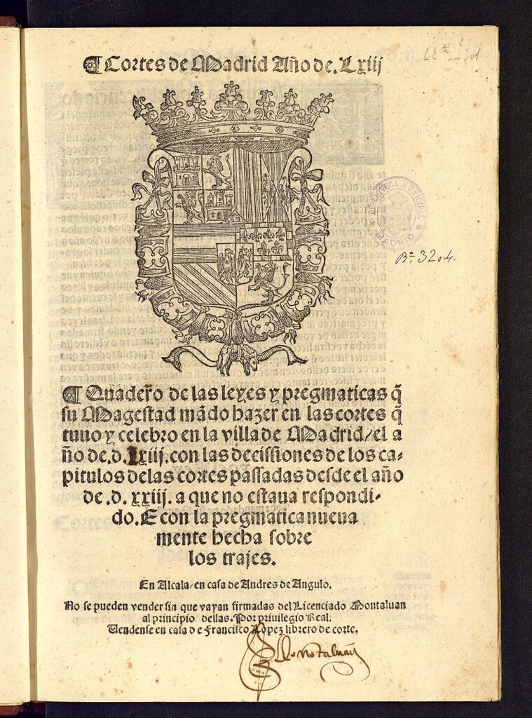 Miniatura de Quadero [sic] de las leyes y pregmaticas q[ue] su Magestad ma[n]do hazer en las cortes q[ue] tuuo y celebro en la villa de Madrid el año de d.Ixiii. con las decissiones de los capitulos de las cortes passadas desde el año de d.xxiii. a que no estaua respondido ; E con la pregmatica nueuamente hecha sobre los trajes