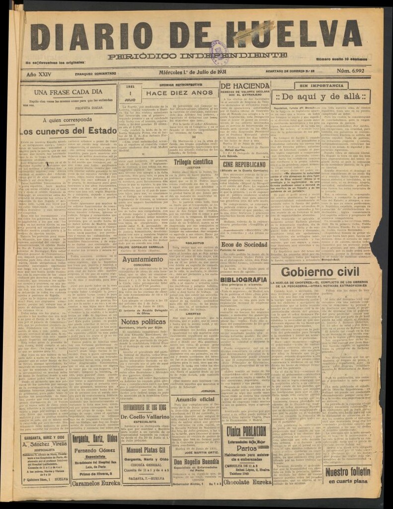 Miniatura de Diario de Huelva : periódico independiente del 1 de julio de 1931