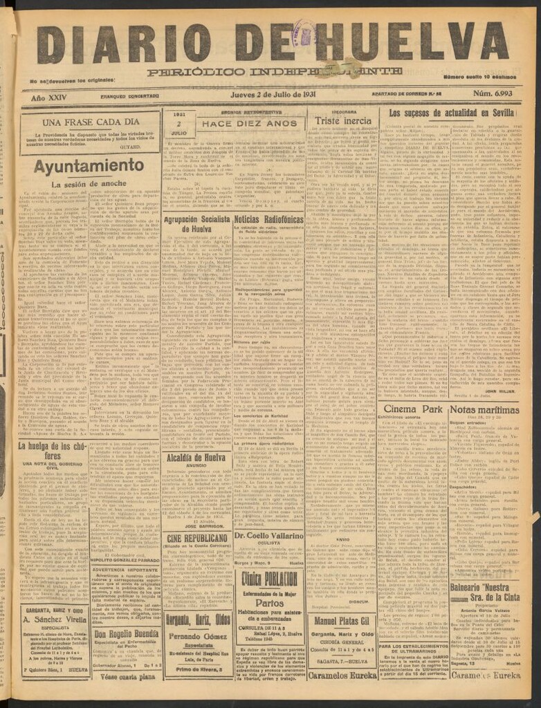 Miniatura de Diario de Huelva : periódico independiente del 2 de julio de 1931