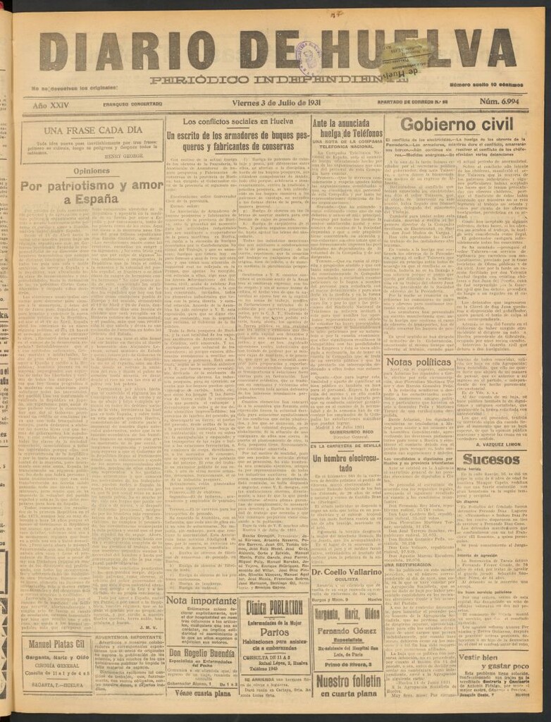 Miniatura de Diario de Huelva : periódico independiente del 3 de julio de 1931