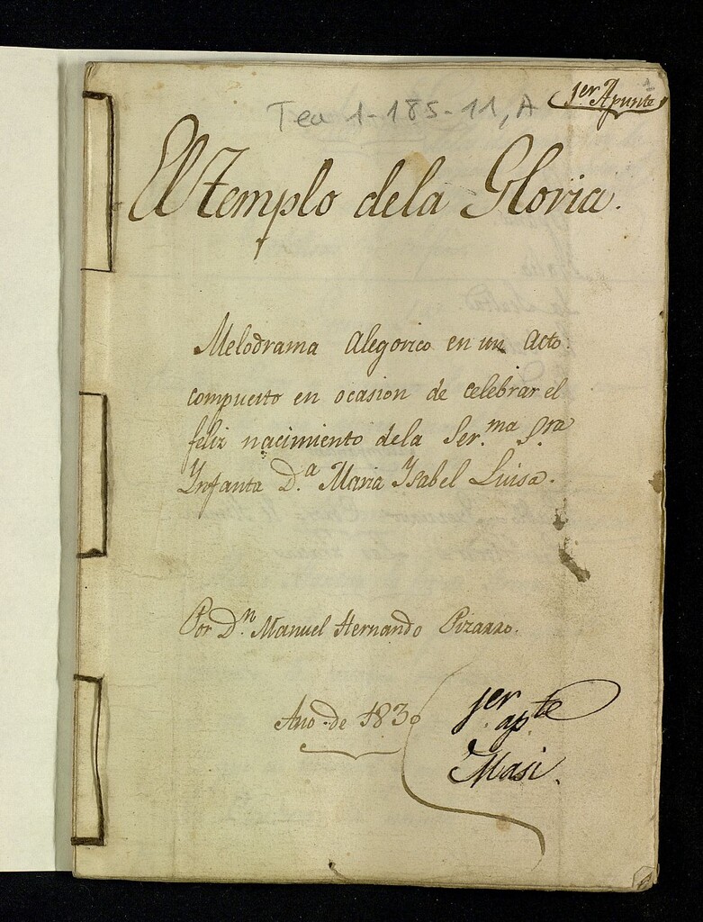 Miniatura de El templo de la gloria : Melodrama alegórico en un acto compuesto en ocasión de celebrar el feliz nacimiento de la Serenísima Sra. Infanta Dª María Isabel Luisa.
