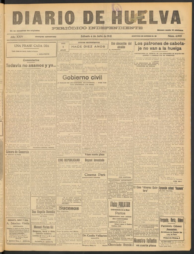 Miniatura de Diario de Huelva : periódico independiente del 4 de julio de 1931