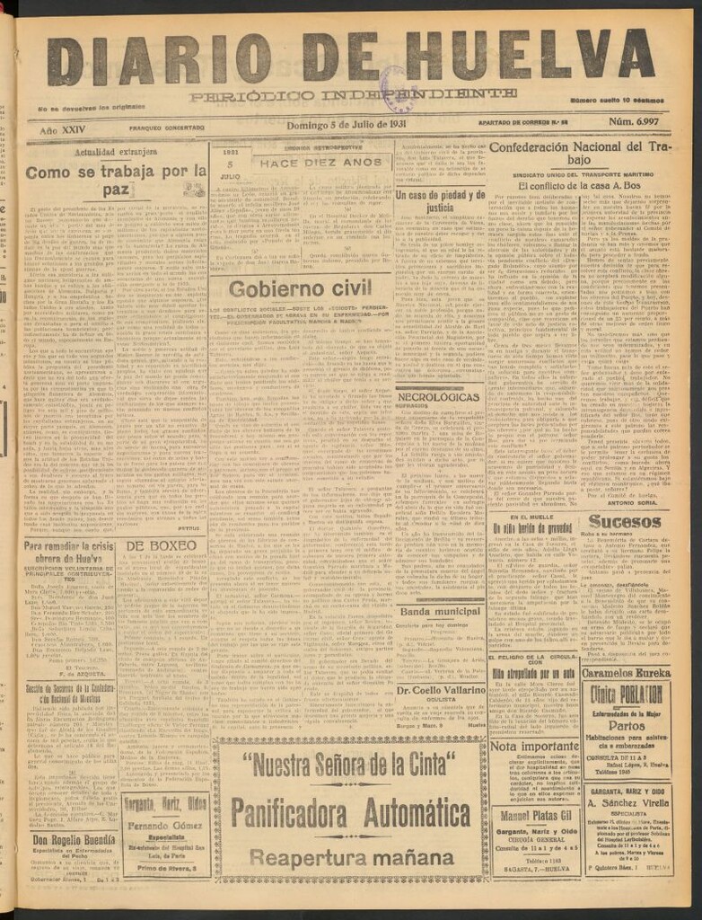 Miniatura de Diario de Huelva : periódico independiente del 5 de julio de 1931