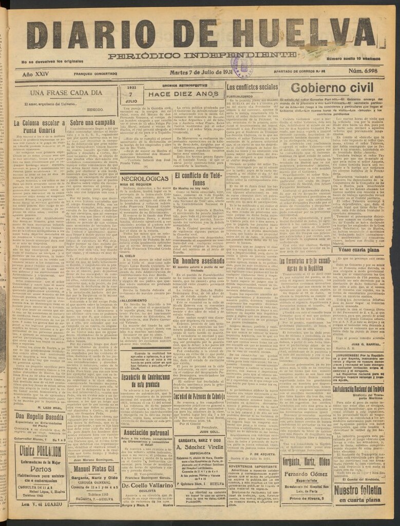 Miniatura de Diario de Huelva : periódico independiente del 7 de julio de 1931