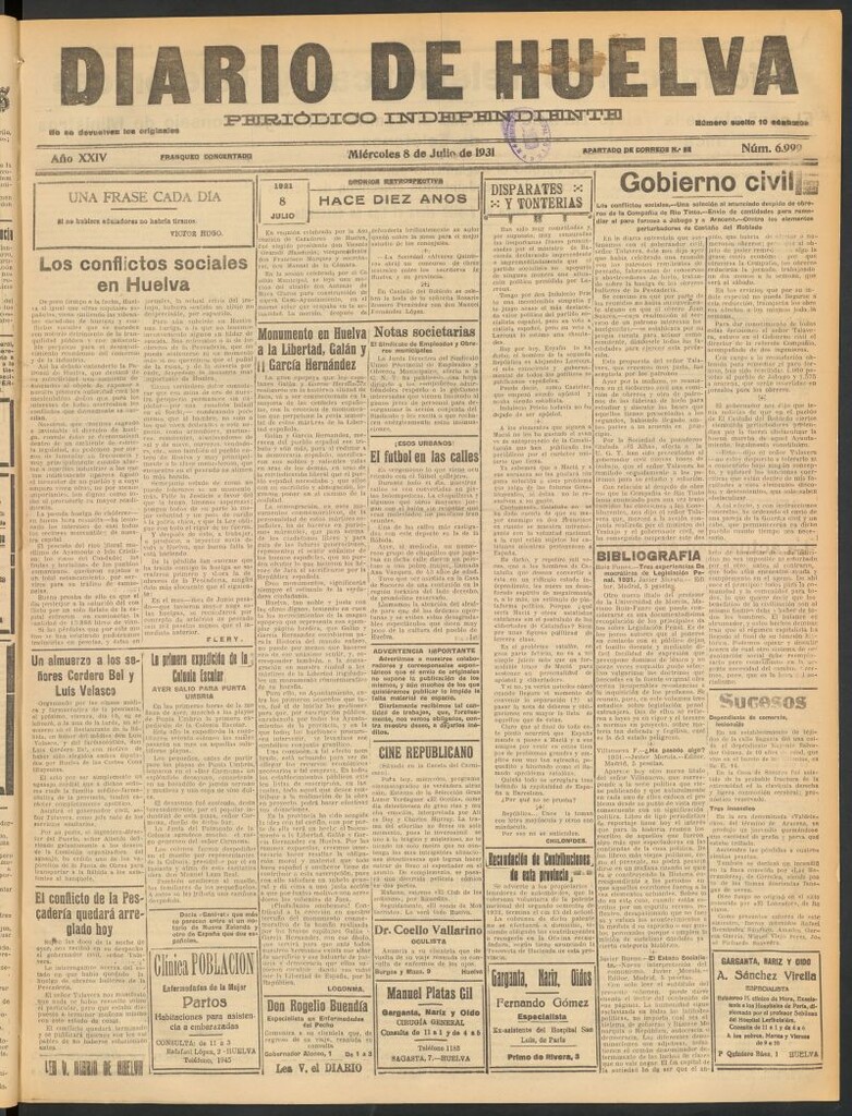 Miniatura de Diario de Huelva : periódico independiente del 8 de julio de 1931