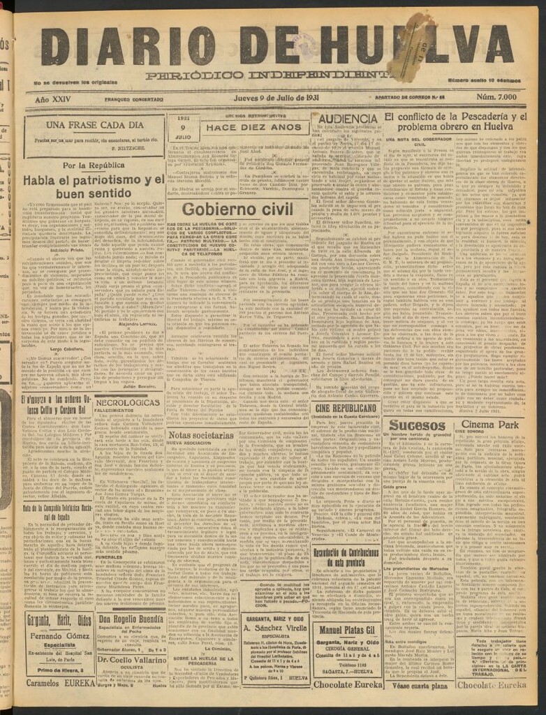 Miniatura de Diario de Huelva : periódico independiente del 9 de julio de 1931