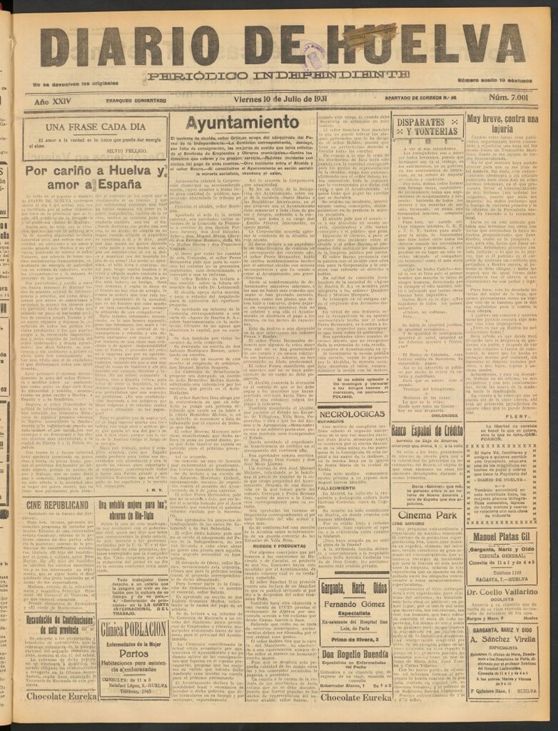 Miniatura de Diario de Huelva : periódico independiente del 10 de julio de 1931