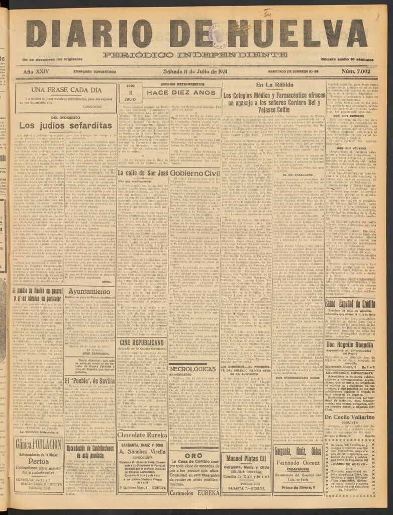 Miniatura de Diario de Huelva : periódico independiente del 11 de julio de 1931