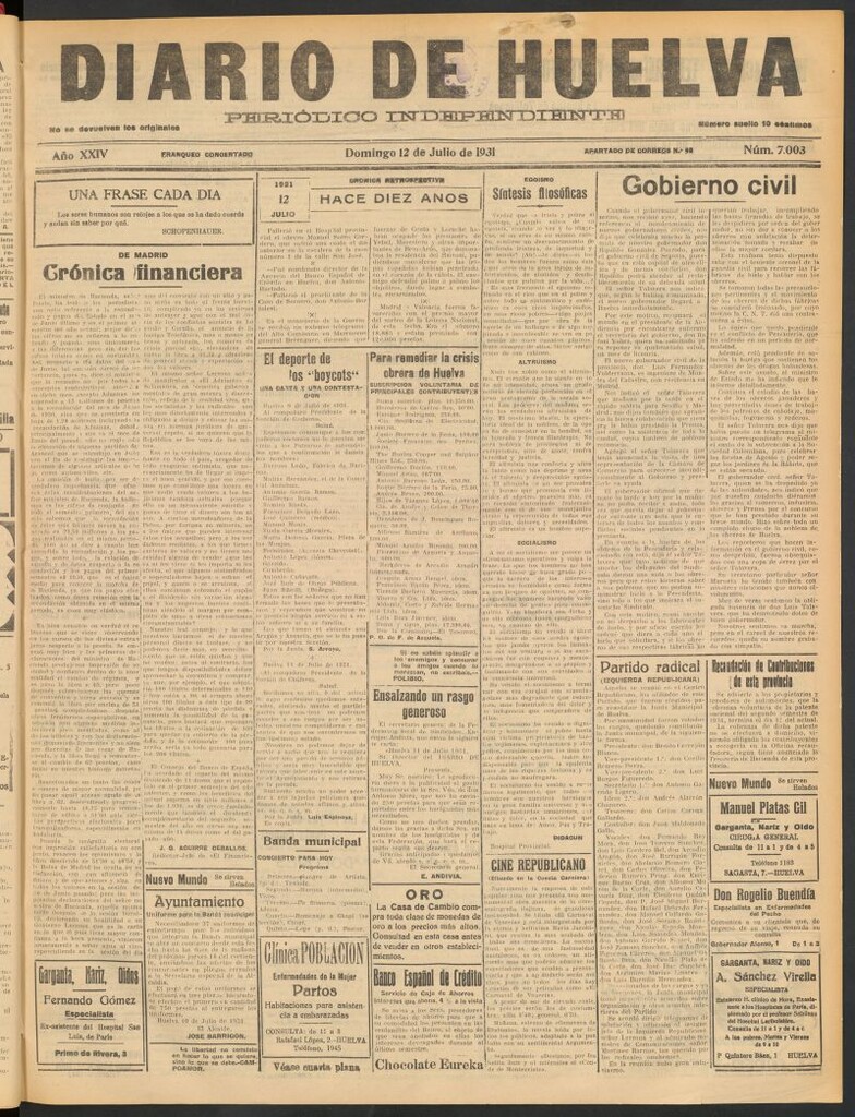 Miniatura de Diario de Huelva : periódico independiente del 12 de julio de 1931