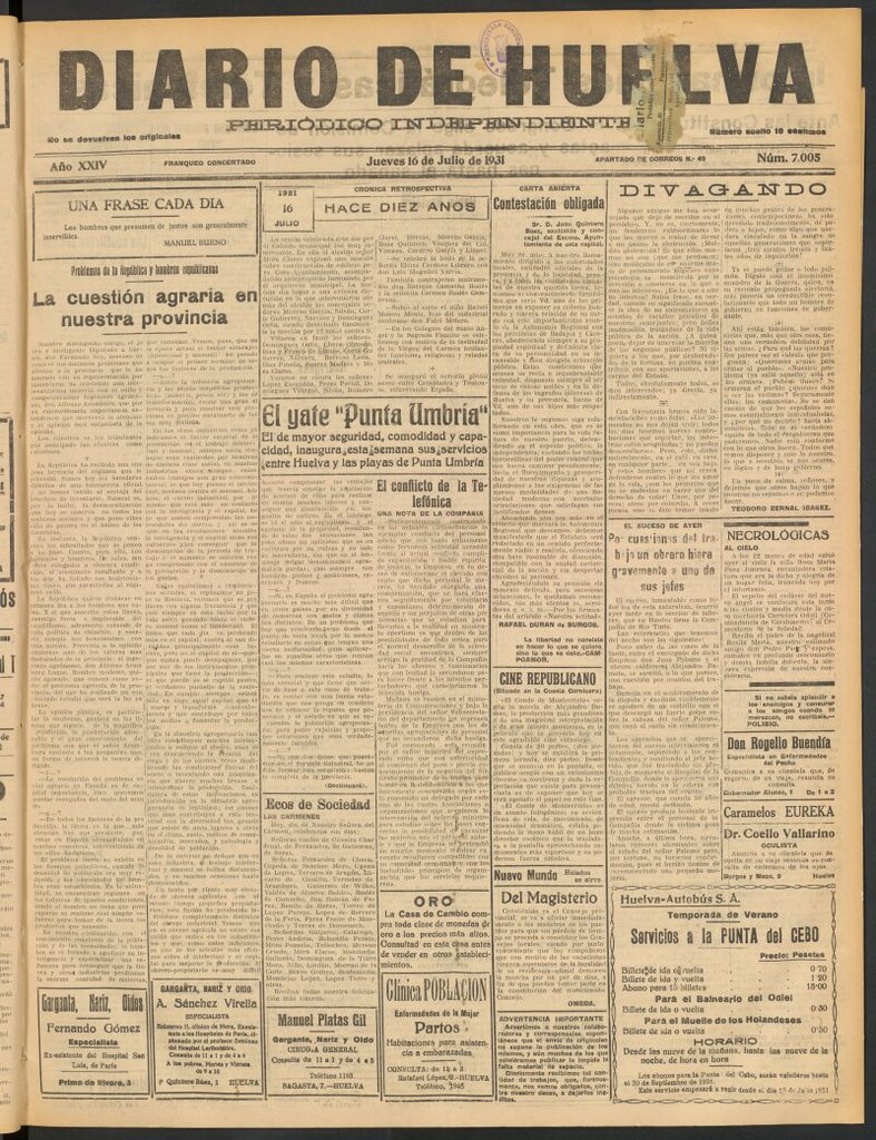 Miniatura de Diario de Huelva : periódico independiente del 16 de julio de 1931