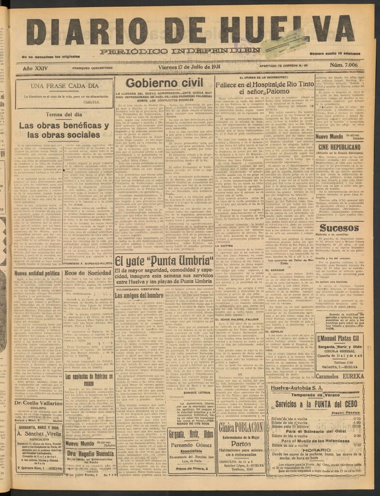 Miniatura de Diario de Huelva : periódico independiente del 17 de julio de 1931