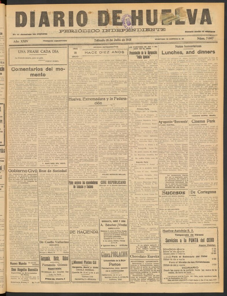 Miniatura de Diario de Huelva : periódico independiente del 18 de julio de 1931