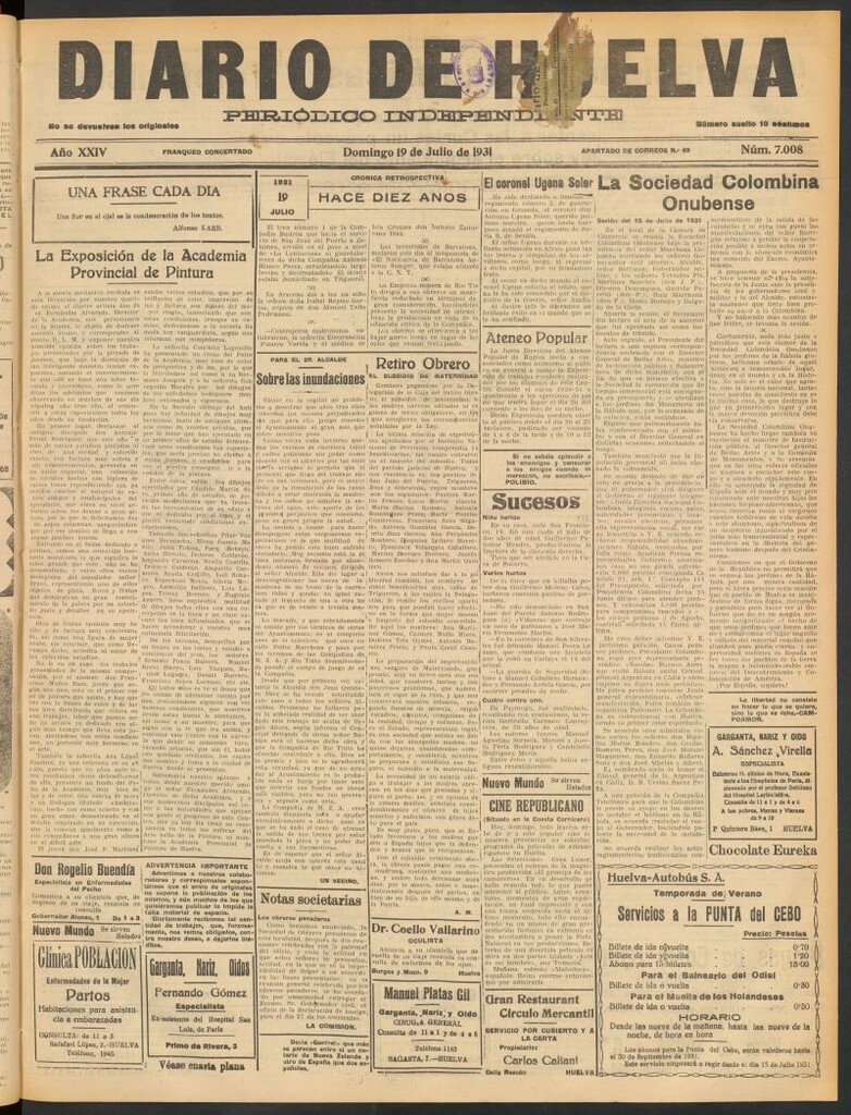 Miniatura de Diario de Huelva : periódico independiente del 19 de julio de 1931