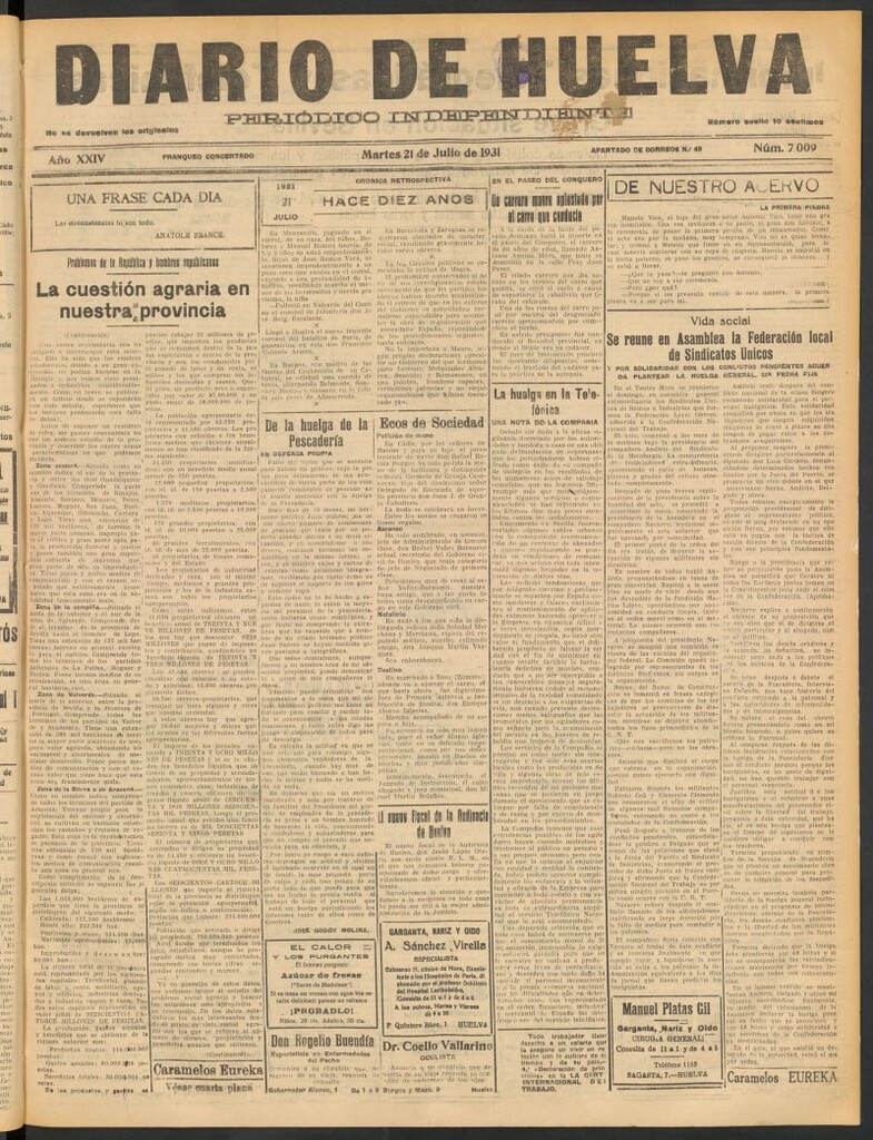 Miniatura de Diario de Huelva : periódico independiente del 21 de julio de 1931