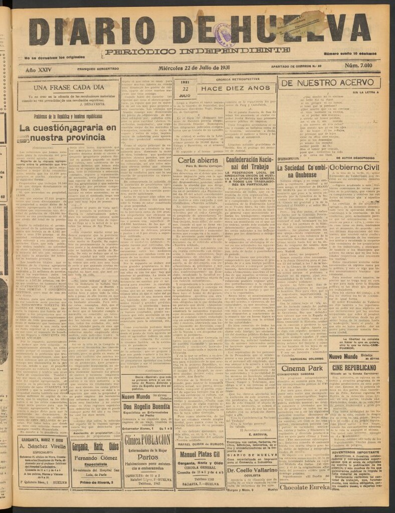 Miniatura de Diario de Huelva : periódico independiente del 22 de julio de 1931