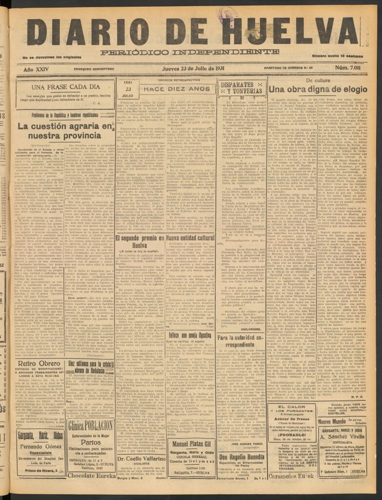 Miniatura de Diario de Huelva : periódico independiente del 23 de julio de 1931